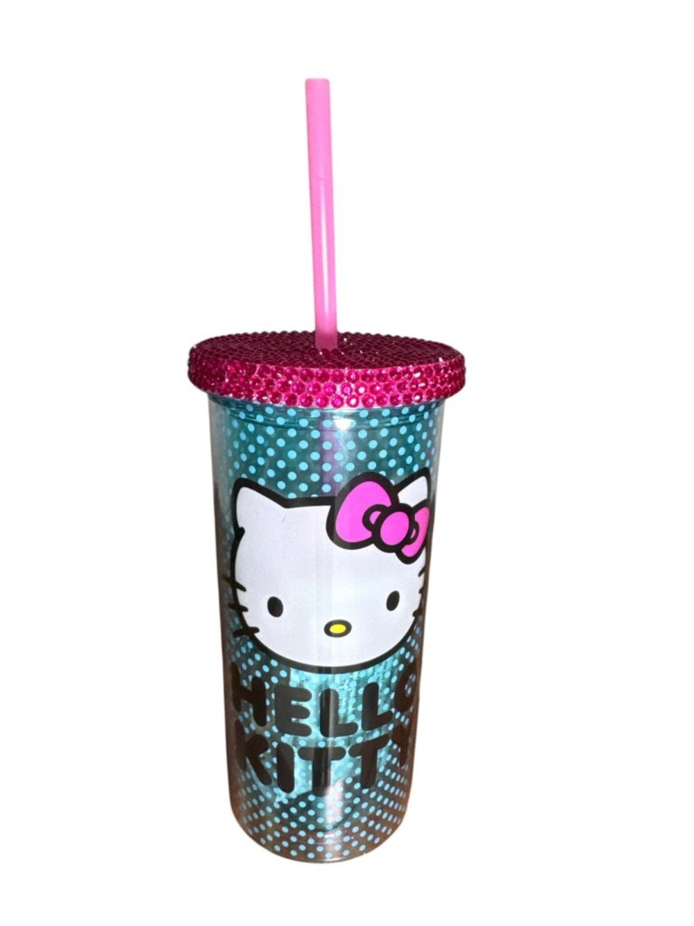 Hello Kitty Glitter Tumbler With Straw & Rhinestone Lid - Blue & Pink 20 oz BPA-